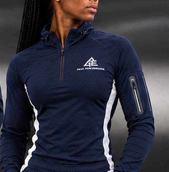 GE navy blue fitted quarter-zip top with white side panels, stand collar, chest logo and zipped sleeve pocket.