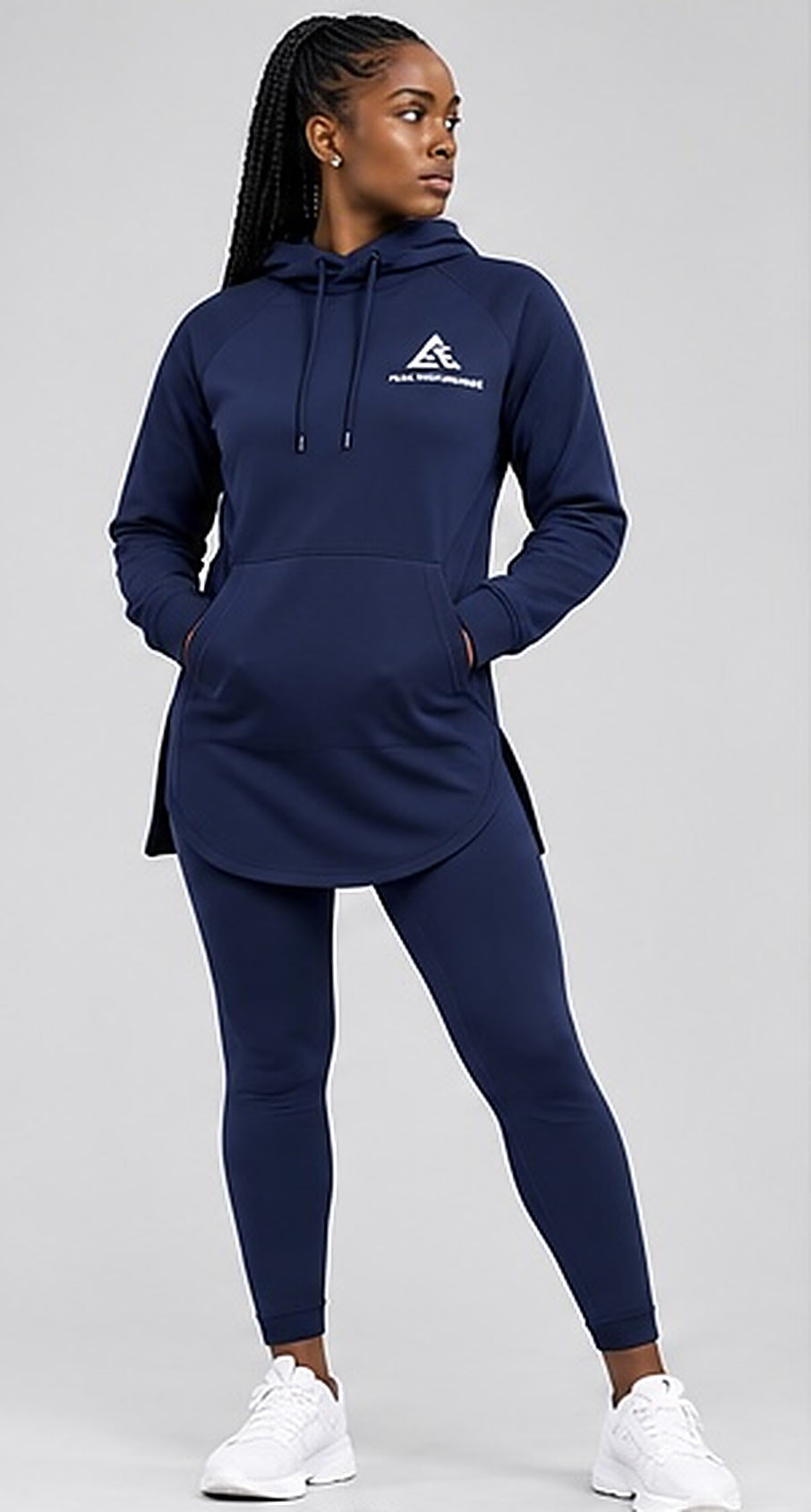 Front view of the GE navy blue elongated hoodie and matching ankle-length leggings with white chest logo.