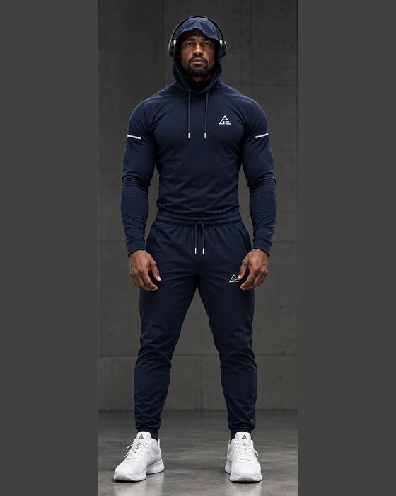 Male model wearing a navy performance tracksuit