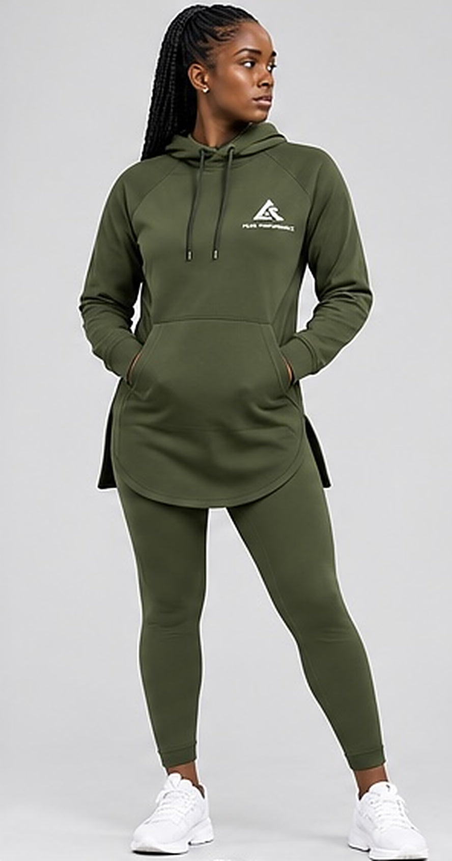 Front view of the GE olive green elongated hoodie and matching leggings showing the pouch pocket and chest logo.