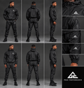 Collage of the GE black sauna suit showing front, back and side views, hooded zip jacket, matching trousers, pocket and cuff details.