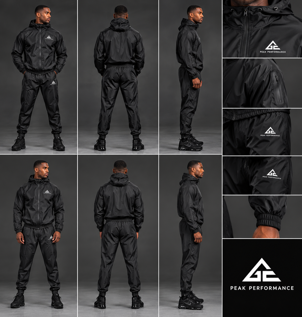 Collage of the GE black sauna suit showing front, back and side views, hooded zip jacket, matching trousers, pocket and cuff details.
